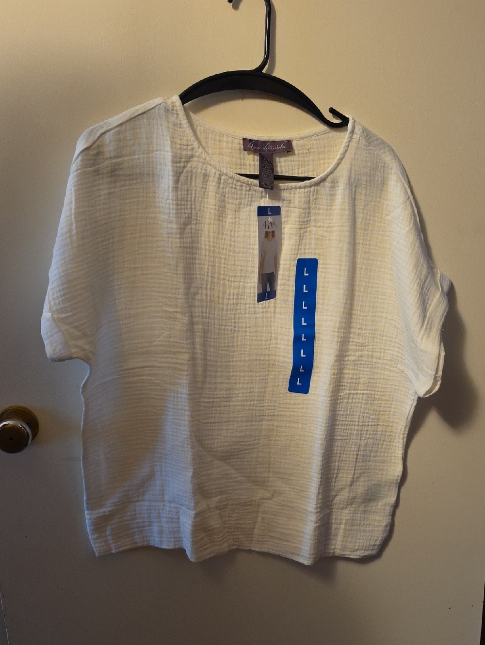 NY Collection White Cotton Gauze Short Sleeve Top